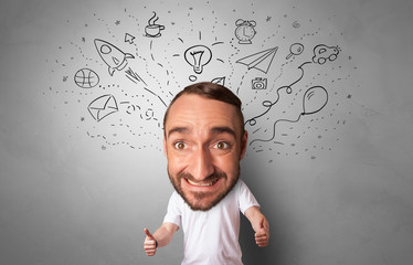 Full big head on small body with icons and symbols around