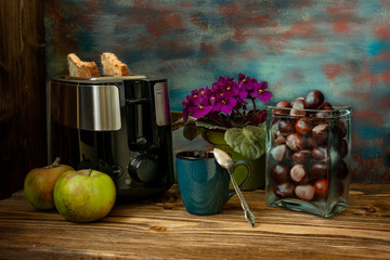 wine and grapes on table