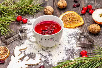 Christmas hot tea background. New Year mood