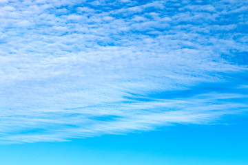 White fluffy light cirrus clouds at sunrise on a clear blue sky look like sea foam. Heaven background