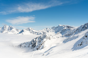Panorama of ski runs on the Kaunertal glacier in Austria.