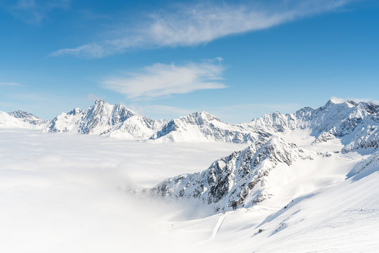 Panorama of ski runs on the Kaunertal glacier in Austria.