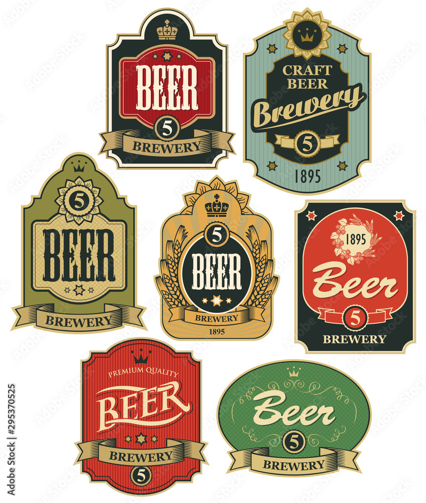 Wall mural vector set of ornate beer labels in figured frames with ribbons and crowns in retro style.
