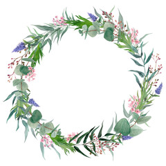 Hand drawn watercolor wreath. Greenery and tiny flowers