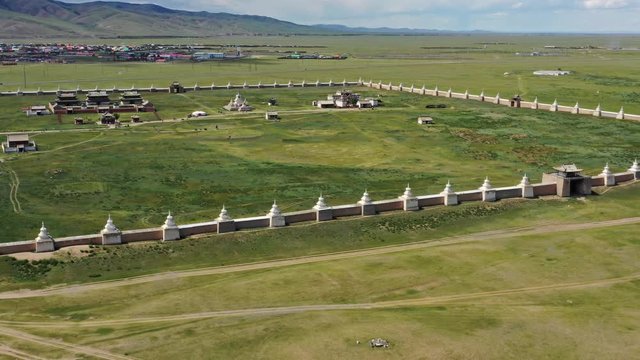 Aerial view of the Kharkhorin Erdene Zuu Monastery in Kharkhorin (Karakorum), Mongolia. Karakorum was the capital of the Mongol Empire between 1235 and 1260, 4k