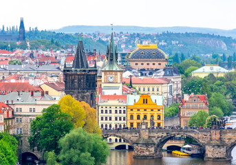 Naklejka premium Prague cityscape with Old town bridge tower and Charles bridge, Czech Republic