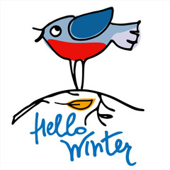Hello Winter background. Hand lettering, cartoon-like bullfinch bird on a naked branch, a falling leaf. Isolated design element