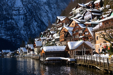 Hallstatt lakeside houses in the snow in winter