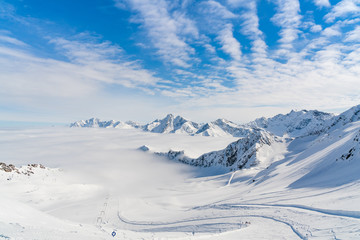 Panorama of ski runs on the Kaunertal glacier in Austria.
