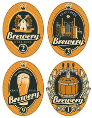 Vector set of beer labels in oval frames with barrel, beer glass, mill, laurel wreath, ears of wheat and brewery production in retro style. Labels or stickers for beer and brewery.