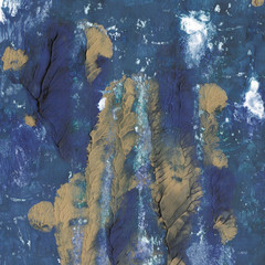 Gouache illustration. Abstraction, background, forest, trees, night, aged picture, autumn, ochre, yellow, khaki, sand, green, blue, emerald, gradient, spots, drops, strokes