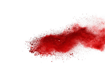 Red powder explosion on white background. Colored cloud. Colorful dust explode. Paint Holi.