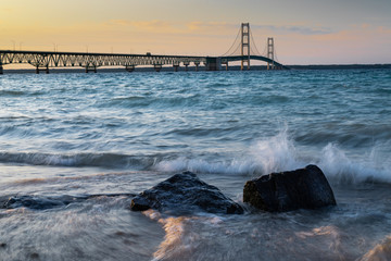 Mackinaw Bridge On Summer Night from Shore of Mackinaw City Lighthouse Park