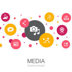 media trendy circle template with simple icons. Contains such elements as news, reporter, Infographics, plan