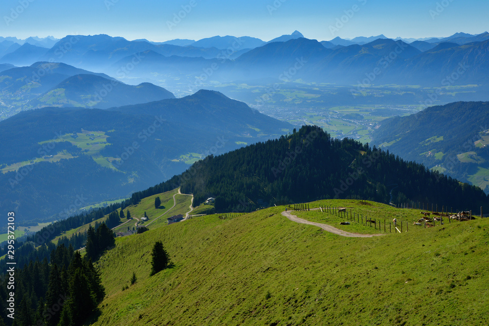 Wall mural Beautiful summit peaks from Hohe Salve mountain , part of the Kitzbuhel Alps, Austria