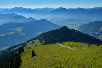 Fototapeta na wymiar Beautiful summit peaks from Hohe Salve mountain , part of the Kitzbuhel Alps, Austria