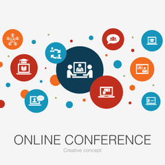 online conference trendy circle template with simple icons. Contains such elements as group chat, online learning, webinar, call
