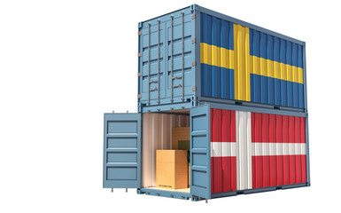 Fototapeta premium Two freight container with Sweden and Denmark flag. Isolated on white - 3D Rendering