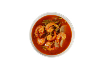 Sour curry soup with shrimp, White Radish and bok choy (kaeng som kung) isolated on white background