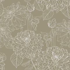 Dahlia. Seamless pattern of olive line dahlia flowers. Floral background. - obrazy, fototapety, plakaty