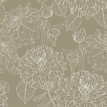Dahlia. Seamless pattern of olive line dahlia flowers. Floral background.