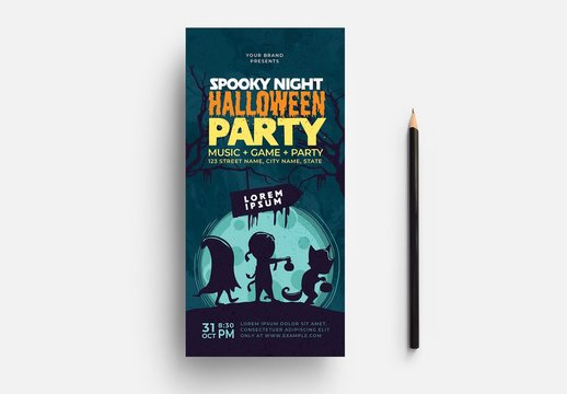 Teal Halloween Party Flyer Layout with Illustrative Elements