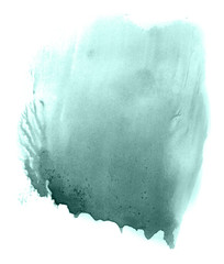 Abstract watercolor background hand-drawn on paper. Volumetric smoke elements. Blue-Green color. For design, web, card, text, decoration, surfaces.