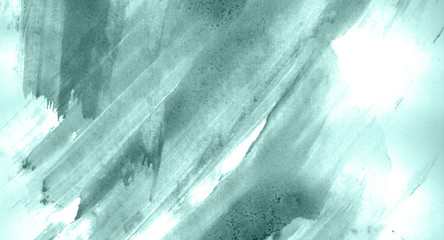 Abstract watercolor background hand-drawn on paper. Volumetric smoke elements. Blue-Green color. For design, web, card, text, decoration, surfaces.