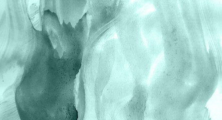 Abstract watercolor background hand-drawn on paper. Volumetric smoke elements. Blue-Green color. For design, web, card, text, decoration, surfaces.