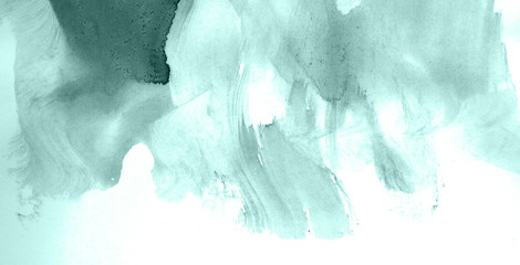 Abstract watercolor background hand-drawn on paper. Volumetric smoke elements. Blue-Green color. For design, web, card, text, decoration, surfaces.