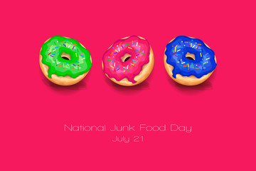 National Junk Food Day. July 21. Donuts Hand drawn Vector card illustration on pink background