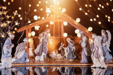 Fototapeta na wymiar Christmas nativity scene; Jesus Christ, Mary and Joseph