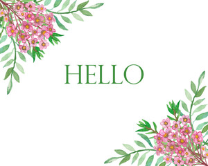 Watercolor hand painted nature spring corner frame with green eucalyptus plant branches and leaves and pink flower zinnia on the white background with hello text for invitations and postcards