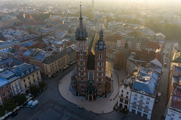 Krakow, Poland. Aerial view of Town hall tower sunrise