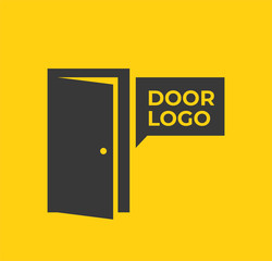 Open Door Icon. Logo of the opened black door on yellow background. Vector Illustration.