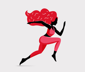 Trendy black running redhead woman character silhouette illustration. Runner girl. Girl runners club. The woman goes in for sports, strengthens health. Vector illustration.