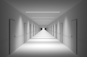 Long corridor with doors, interior visualization