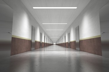 Long corridor with doors, interior visualization