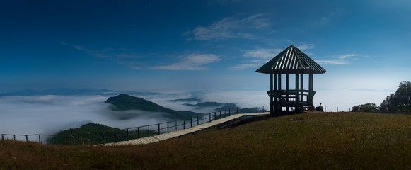 Panoramic view of Doi Pui Ko, Sop Moei, Mae Hong Son, at night with morning mist