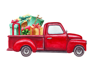 Watercolor red Christmas truck with gift boxes, isolated on white background. Hand painted abstract retro car and christmas presents. Decorative elements, symbols of winter holidays for cards.