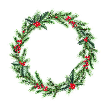 Watercolor Christmas wreath with fir branches, berries, candy, and place for text. Illustration for greeting cards and invitations isolated on white background.