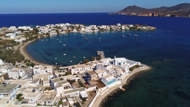 4K Aerial view of Pollonia village, Milos, Greece