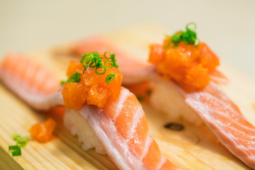 Japanese food cuisine.  Salmon Sushi close up
