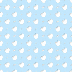 seamless pattern with apples and sheets on blue bg