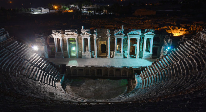 Amphitheater in ancient city of Hierapolis at night