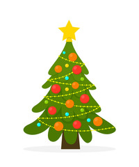 Decorated christmas tree. Garland lights, decoration balls and lamps. Merry Christmas and a happy new year. Vector illustration.