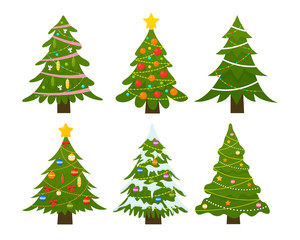 Christmas trees set. Decorated winter tree with Garland lights, decoration balls and lamps. Merry Christmas and a happy new year. Vector illustration isolated on white background.