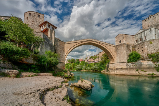 Old Bridge - a stone suspension bridge over the Neretva River in the city of Mostar in Bosnia and Herzegovina