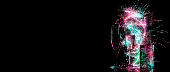 Two glasses of champagne and bottle in multi-colored sparklers on black background