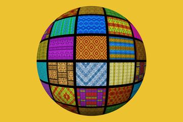 Multicolored globe of African fabrics, yellow background